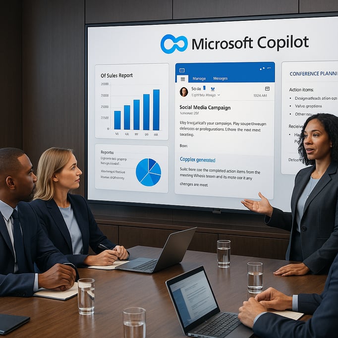 A polished boardroom setting with business leaders reviewing a large digital display The screen shows Microsoft Copilot seamlessly integrating with familiar business toolscharts emails and reportshighlighting productivity and smart decisionmaking The